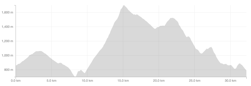 The course profile - around 1,600m of cumulative elevation over 32km of trail